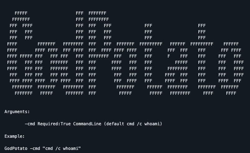 画像21はGodPotatoツールのスクリーンショットです。GodPotatoという単語は、大文字の「F」で作ったアスキー アートです。このスクリーンショットには、コマンドラインの入力例である引数と例も含まれています。