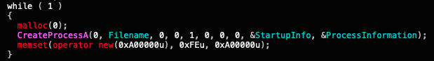 画像3は、Fork爆弾のバイナリーによって無限ループを作成するコード スニペットのスクリーンショットです。これはwhile(1)で始まります。 