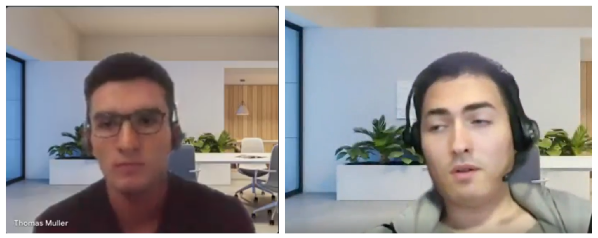 Screenshots of two individuals in a virtual meeting, each displayed within separate, blue-bordered video call frames. The background shows a simple office and a plain blue wall. Both are deepfake interviews. 