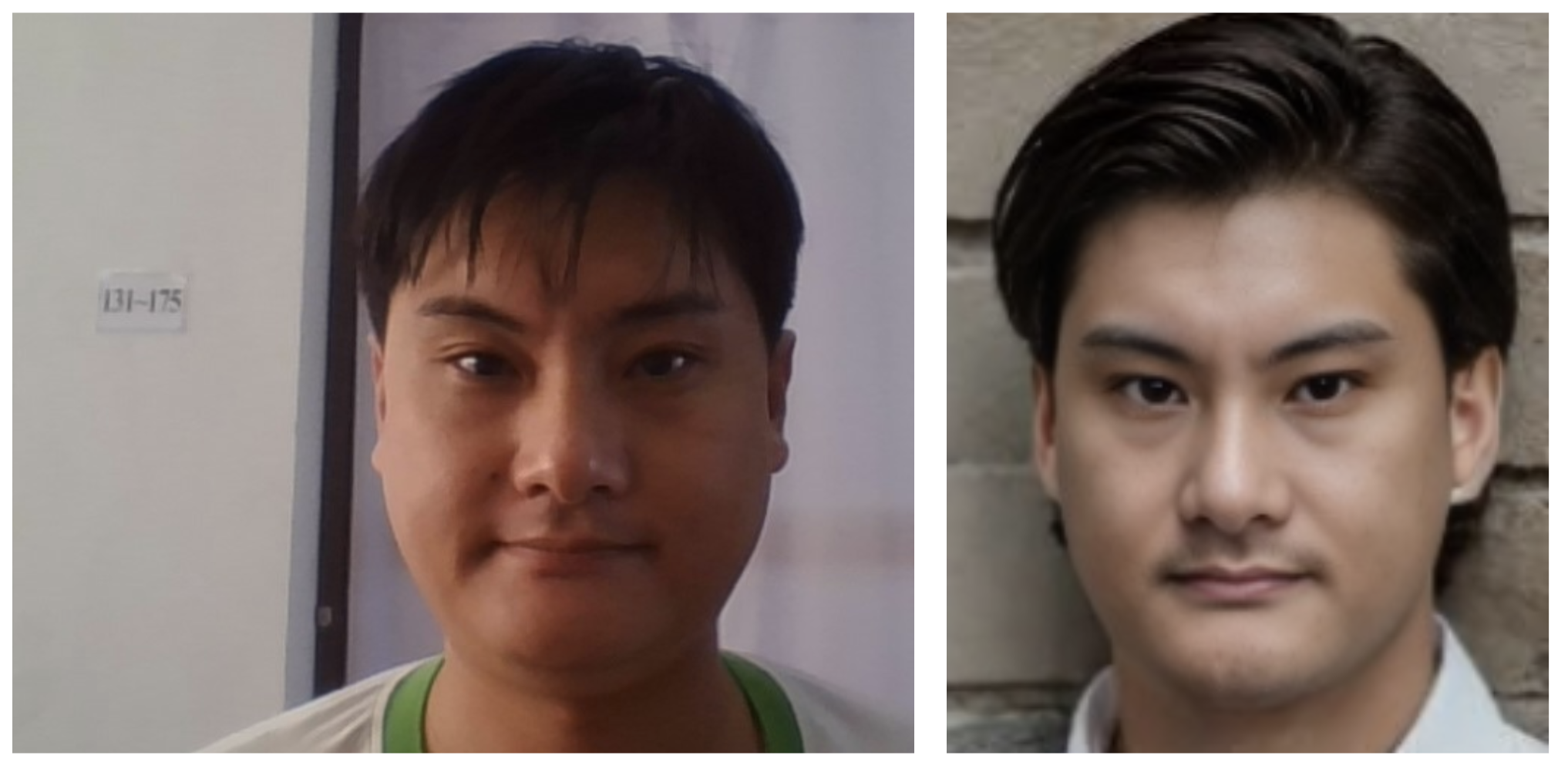Side-by-side images of a person before and after a face swap, showing a transformation from a natural look on the left to a more polished appearance with a filter. 