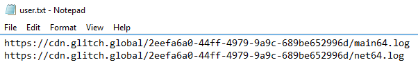 Screen capture showing a Notepad window with two URLs listed, both pointing to LOG files. 