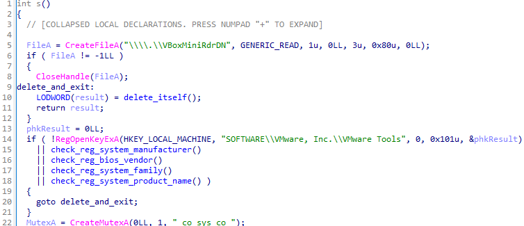 A screenshot of a computer code editor displaying several lines of C++ programming code, involving functions for file handling and system registry access.