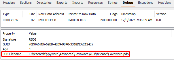 Screenshot displaying a debug window focused on raw data properties, including a highlighted 'PDB FileName' field showing a path to a file.