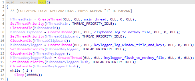 Screenshot of a computer code in an IDE, featuring functions related to thread management and keyboard logging. The top line has "fool" highlighted in yellow.