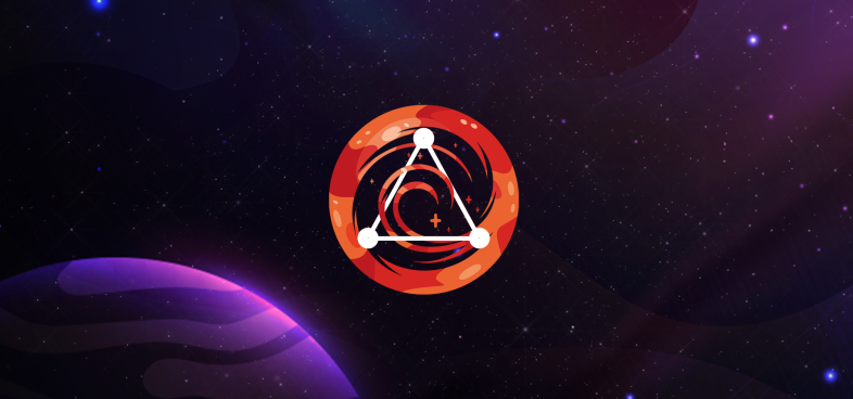 Pictorial representation of Unit 42 threat attribution system. Illustration featuring a white triangle centered within an abstract cosmic background of purple and blue swirls and stars.