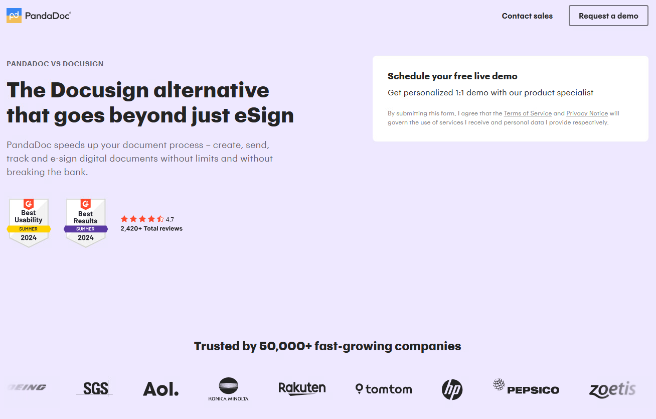 Spoofed landing page for PandaDoc, discussing the document signing alternative, highlighting ease and cost-effectiveness, with various industry badges and logos of trusted brands.