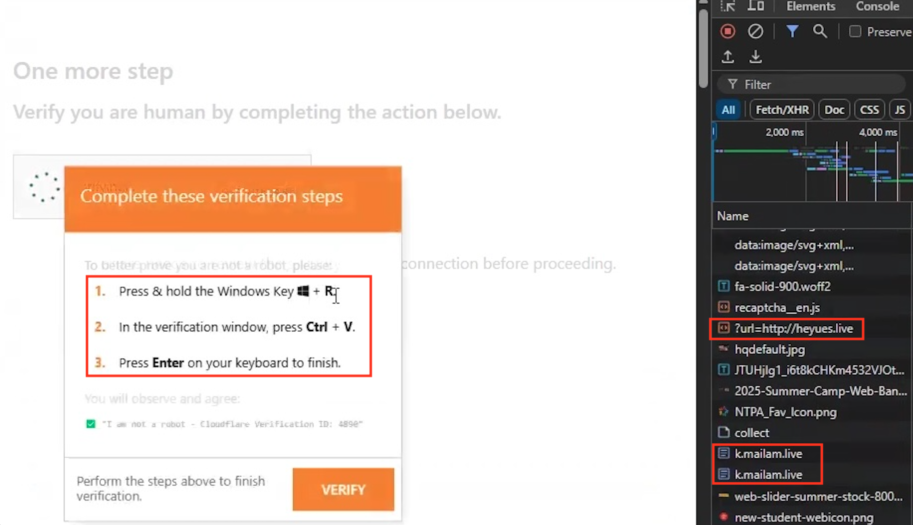 Screenshot of a computer screen displaying a captcha verification page instructing the user to complete steps using keyboard shortcuts. The screen also shows web development tools open in the browser with various script names visible.