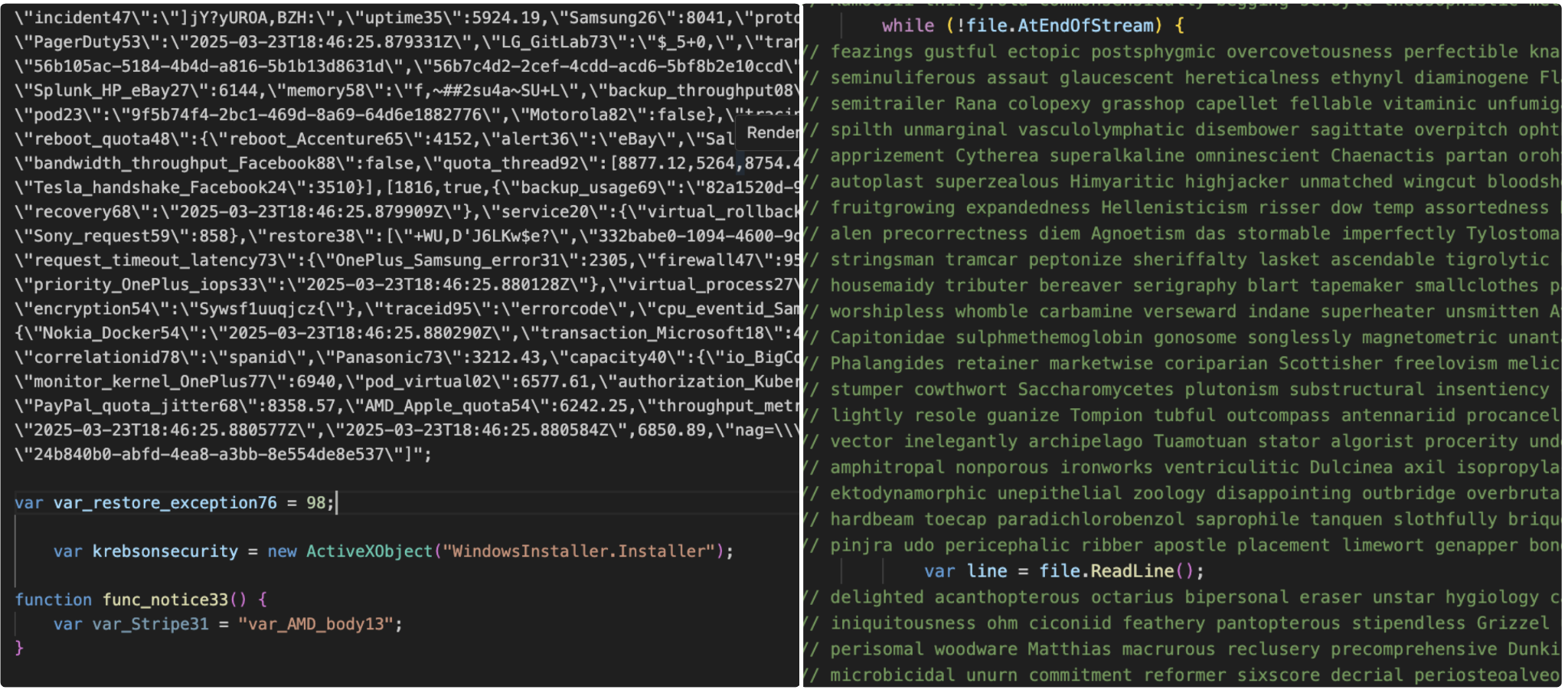 Two side-by-side images displaying coding scripts: the left shows a code snippet with variables and functions, while the right features a code block with a loop and conditional statements.