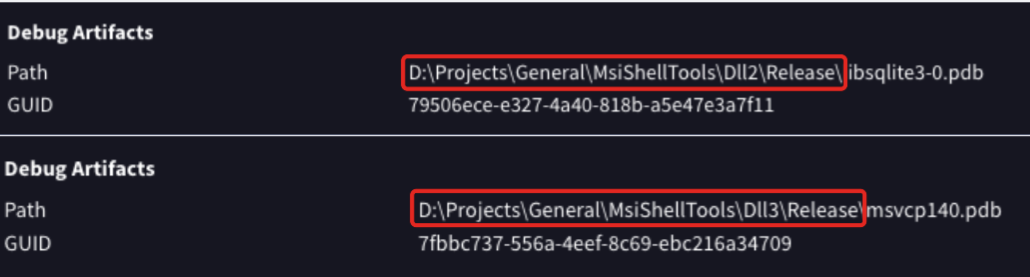 Two screenshots showing file paths and GUIDs for software projects, both of them being Debug Artifacts. Each item is highlighted in red.