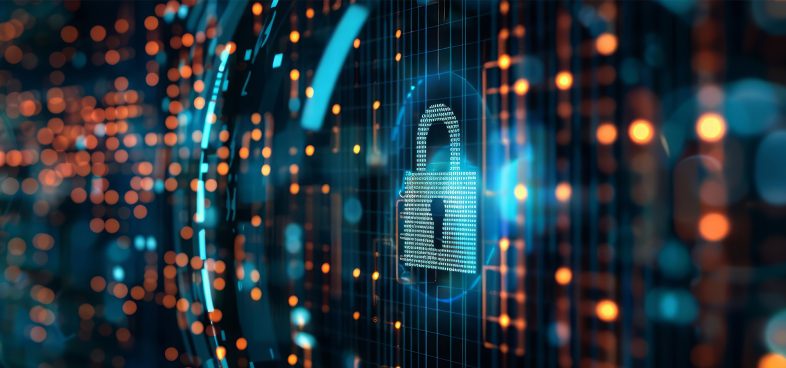 Pictorial representation of CVE-2025-59287. Digital image of a glowing padlock symbol representing cybersecurity on a network grid with blue and orange lights.