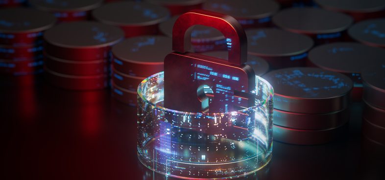 Pictorial representation of RaaS RansomHouse. Digital representation of cybersecurity concept with a padlock superimposed over computer circuit boards, symbolizing data protection and encryption technologies.
