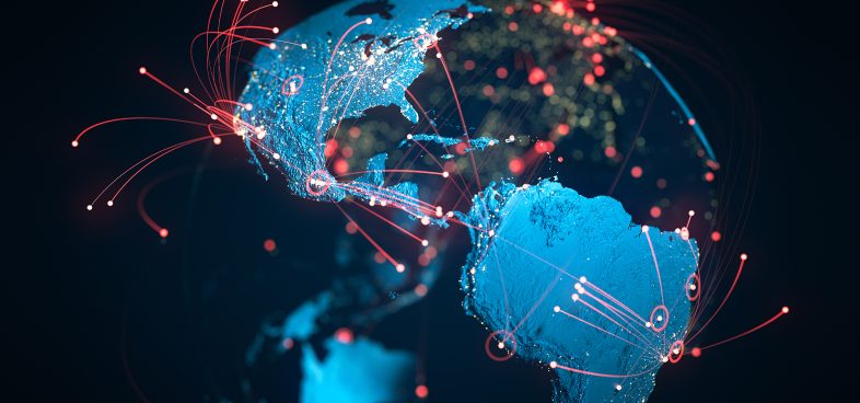 Pictorial representation of Notepad++ supply chain compromise. A digital rendering of Earth from space, focusing on North and South America. The continents are illuminated in blue, with red lines and dots indicating data connections across various locations. Dark background highlights the vibrant network representation.