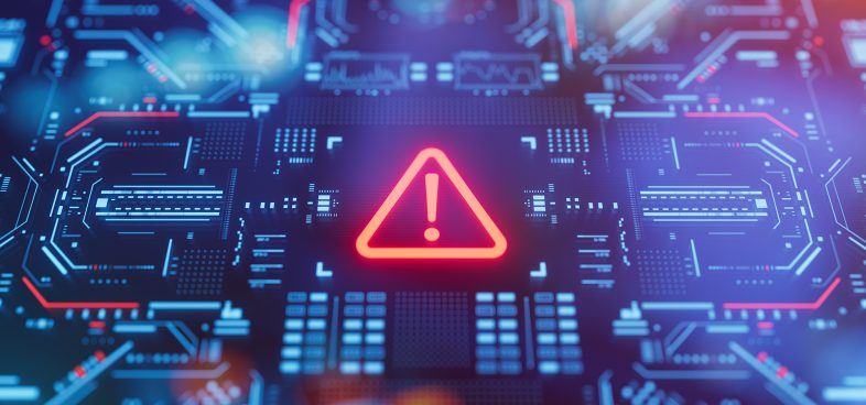 A pictorial representation of CL-STA-1087 state-sponsored espionage. An illustration of a glowing red warning icon centered on a detailed blue circuit board background, representing the detection of this persistent campaign targeting Southeast Asian military organizations.
