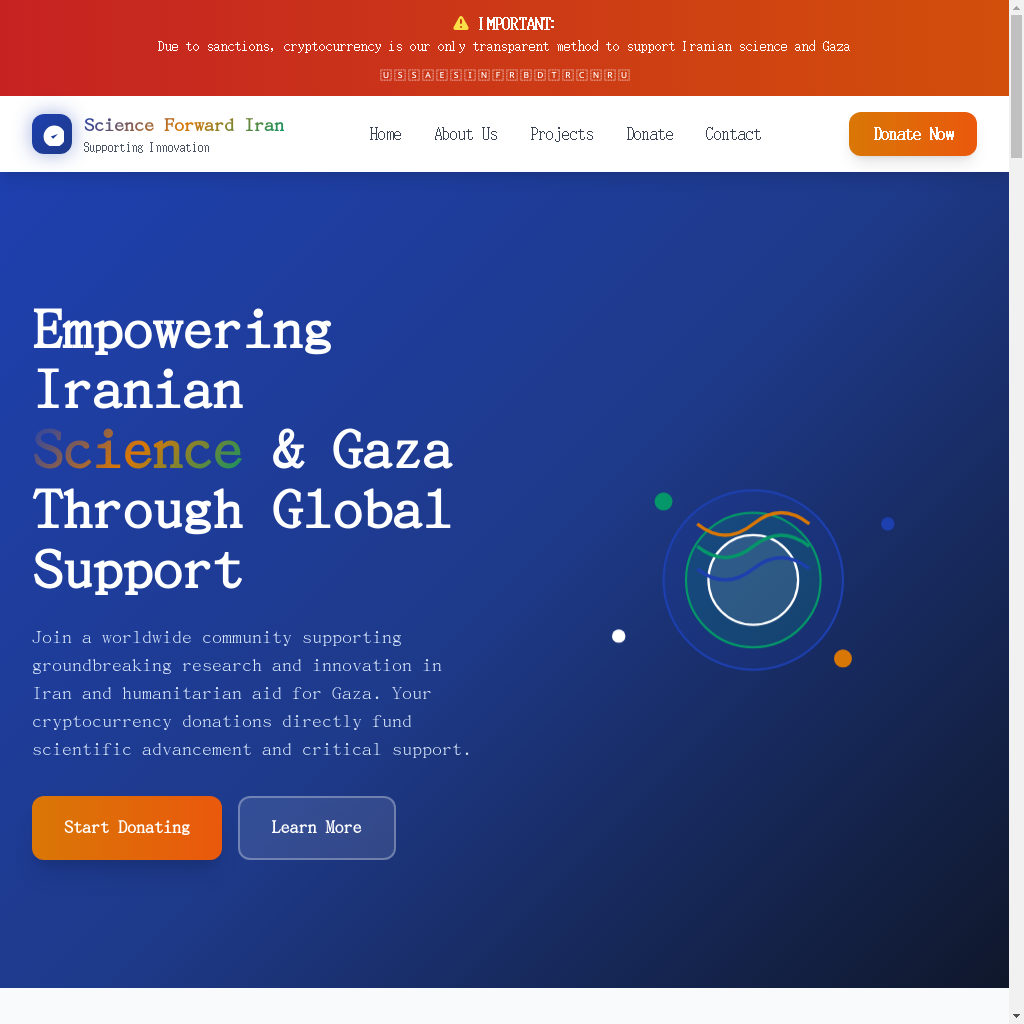 Scam website homepage for Science Forward Iran, highlighting global support for Iranian science and Gaza aid through cryptocurrency donations. Includes options to "Start Donating" and "Learn More.