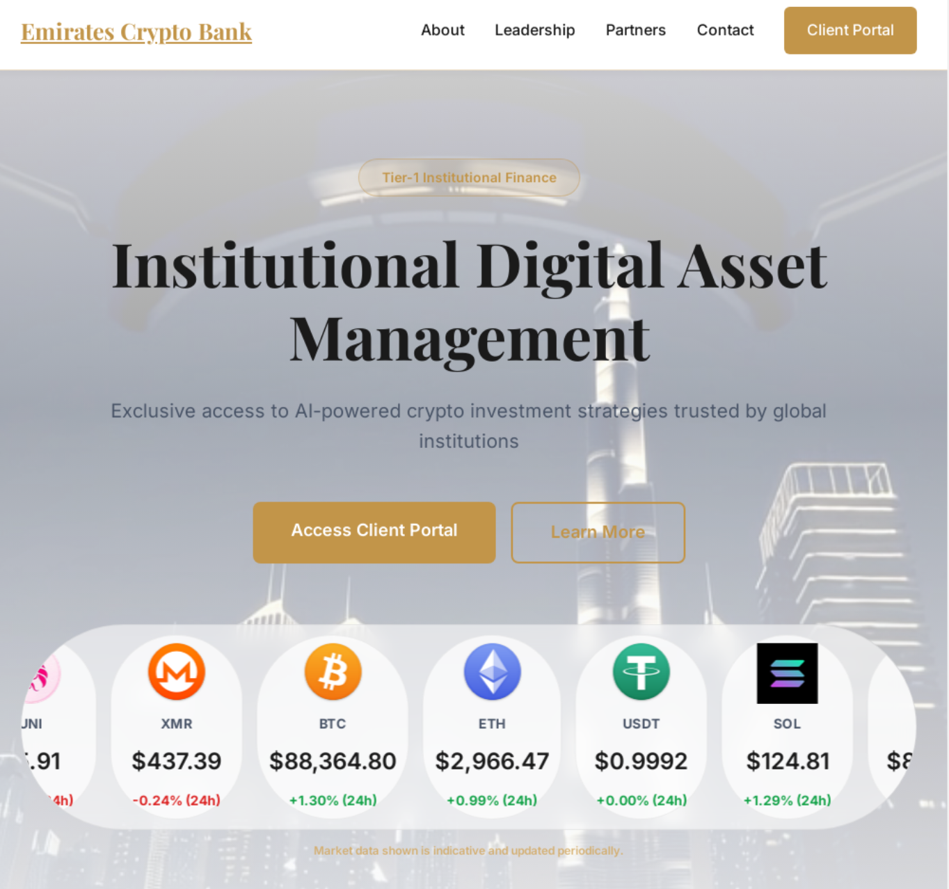 Scam website homepage of Emirates Crypto Bank displaying 'Institutional Digital Asset Management' services. Buttons for accessing the client portal and more information are present. Cryptocurrency icons and prices are listed at the bottom.