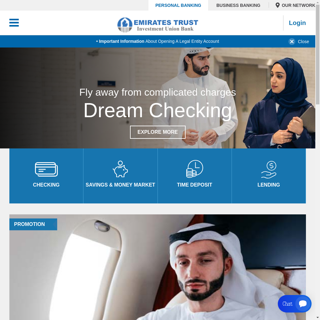Scam webpage of Emirates Trust Investment Union Bank. The header includes navigation links for personal and business banking, as well as a login option. The main section displays an advertisement for "Dream Checking" with the tagline "Fly away from complicated charges." Below, there are icons for checking, savings & money market, time deposit, and lending. A sidebar chat option is visible.