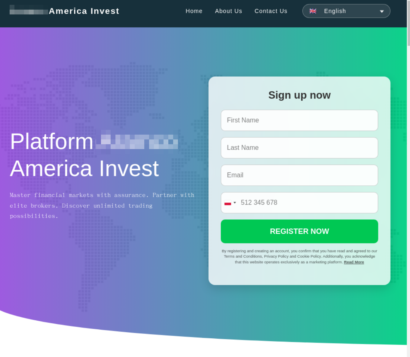 Scam America Invest homepage with some information redacted. The gradient background features a world map design. On the left, the text promotes partnering with elite brokers and exploring trading possibilities. On the right, a sign-up form requests name, email, and phone number, with a "Register Now" button.
