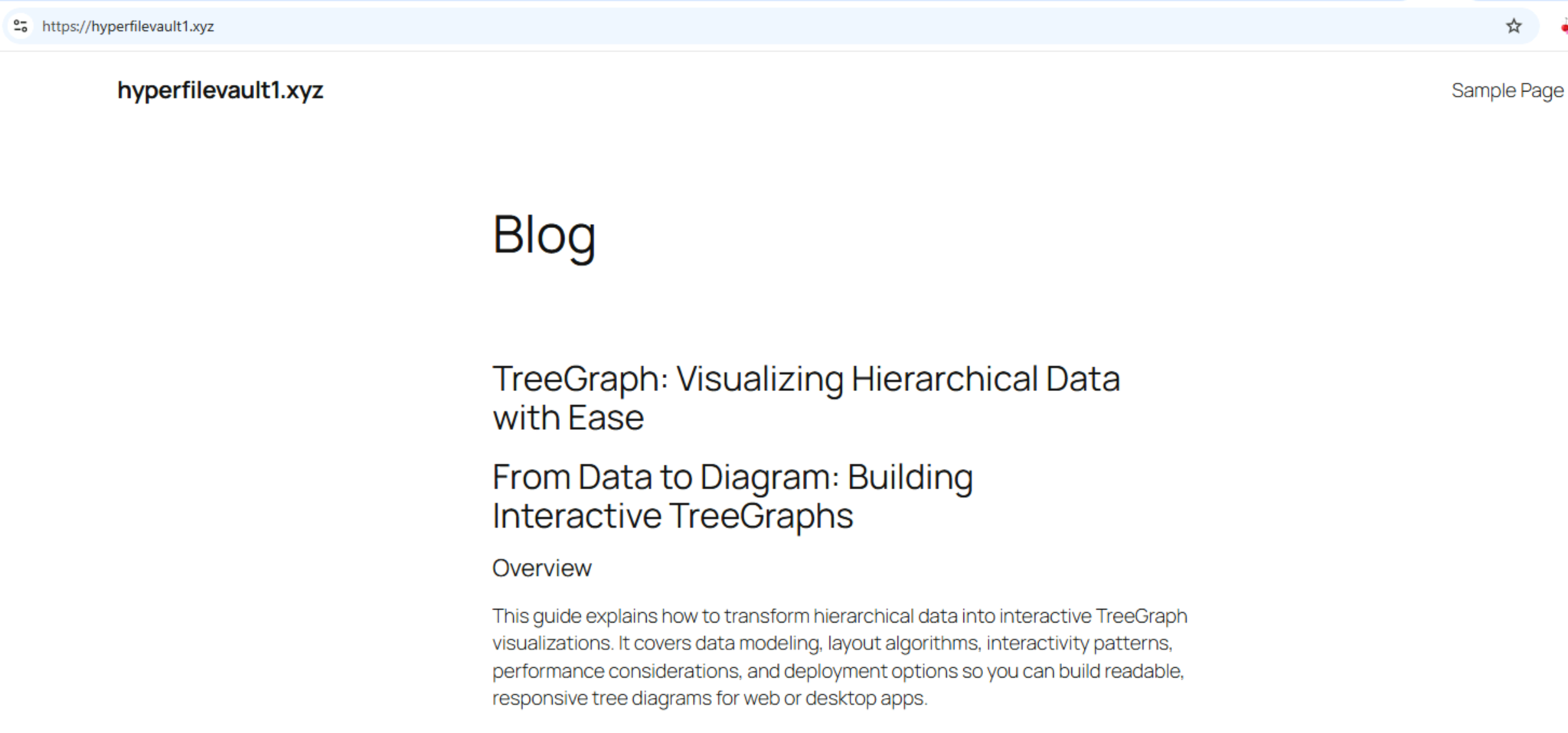 A scam webpage displaying a blog post titled "TreeGraph: Visualizing Hierarchical Data with Ease." It includes an overview and subtitle "From Data to Diagram: Building Interactive TreeGraphs." 
