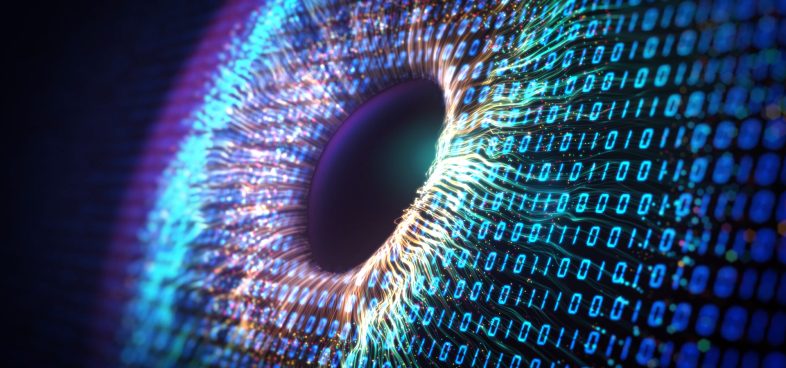 Pictorial representation of the supply chain attack compromising Axios. A giant eye made of glowing binary code.